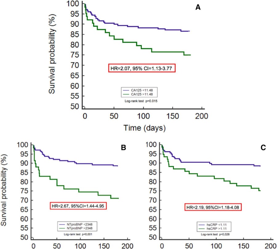 Fig.1 Survival probability according to elevated levels of CA125 (A), NTproBNP (B), and hs-CRP (C).